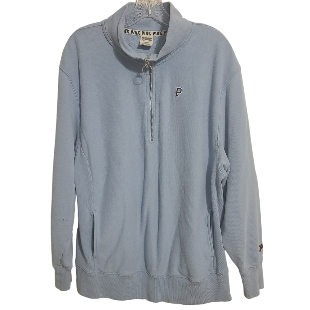 Victoria's Secret PINK | Women's Sky Blue Half Zip-Up Sweatshirt (Size Large)